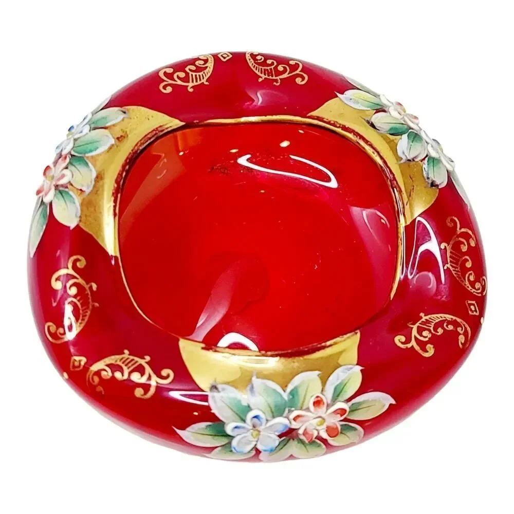 Vtg Hand Painted Bohemian Czech Ruby Red 22K‎ Gold Dish Ashtray Enamel Flowers